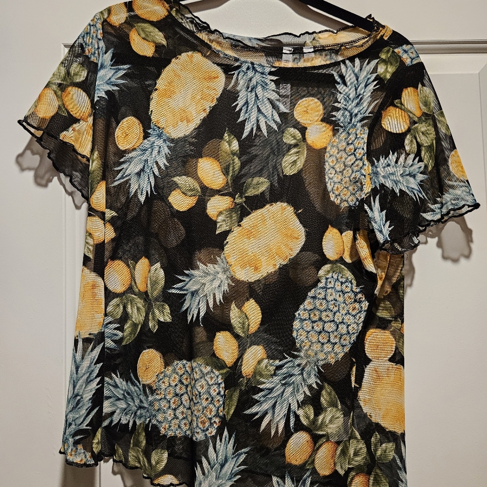 Sheer Pineapple Shirt With Ruffle Hem Sleeves